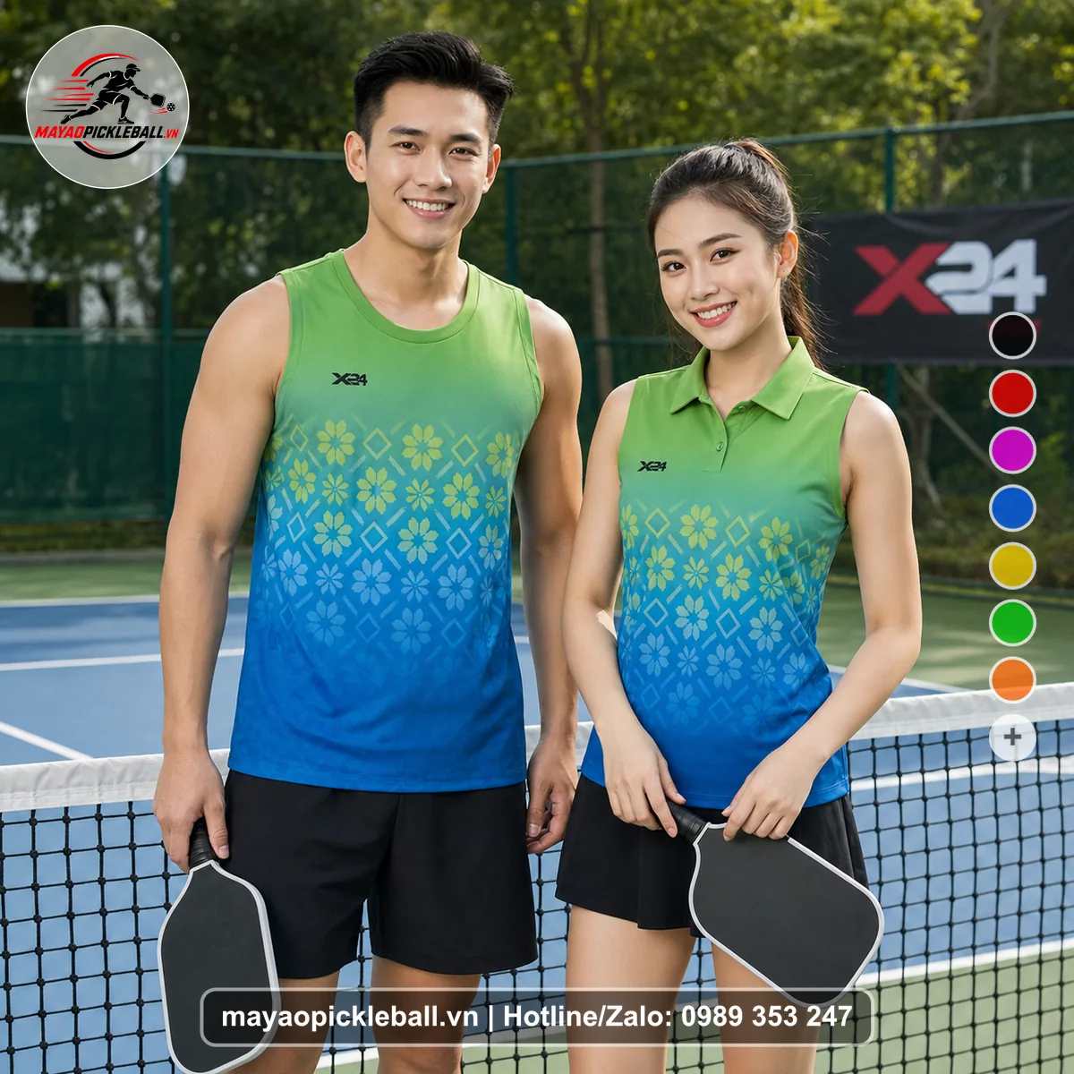 Bộ quần áo pickleball X24-PB-563 xanh lá, xanh biến thể không ống tay