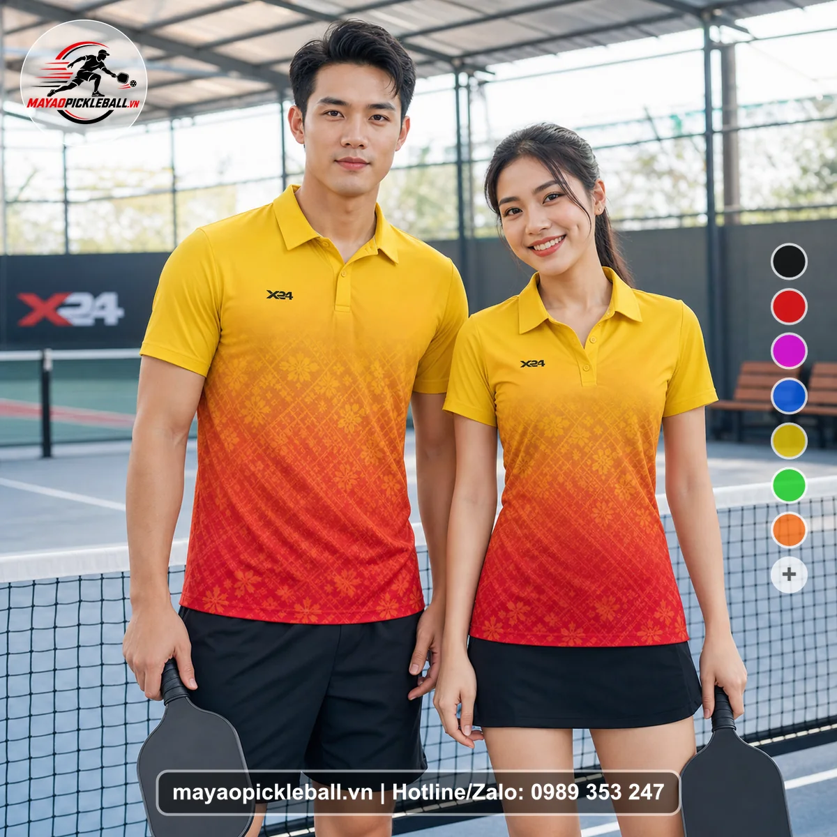 Bộ quần áo pickleball X24-PB-564 vàng, cam, đỏ áo có tay có cổ
