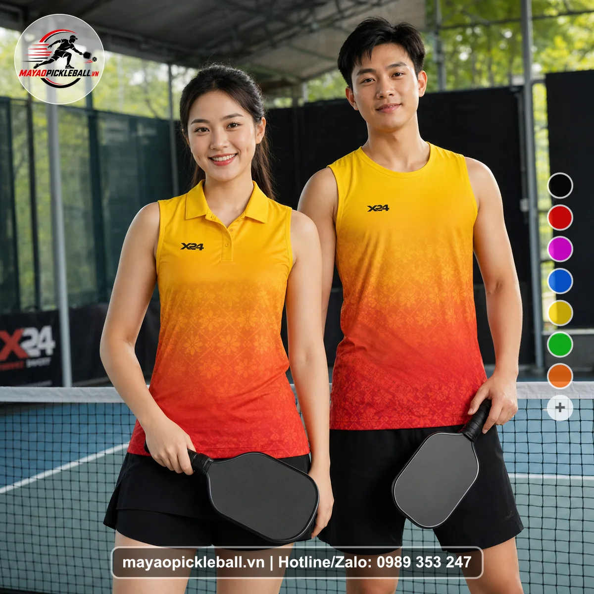 Bộ quần áo pickleball X24-PB-564 vàng, cam, đỏ biến thể không ống tay