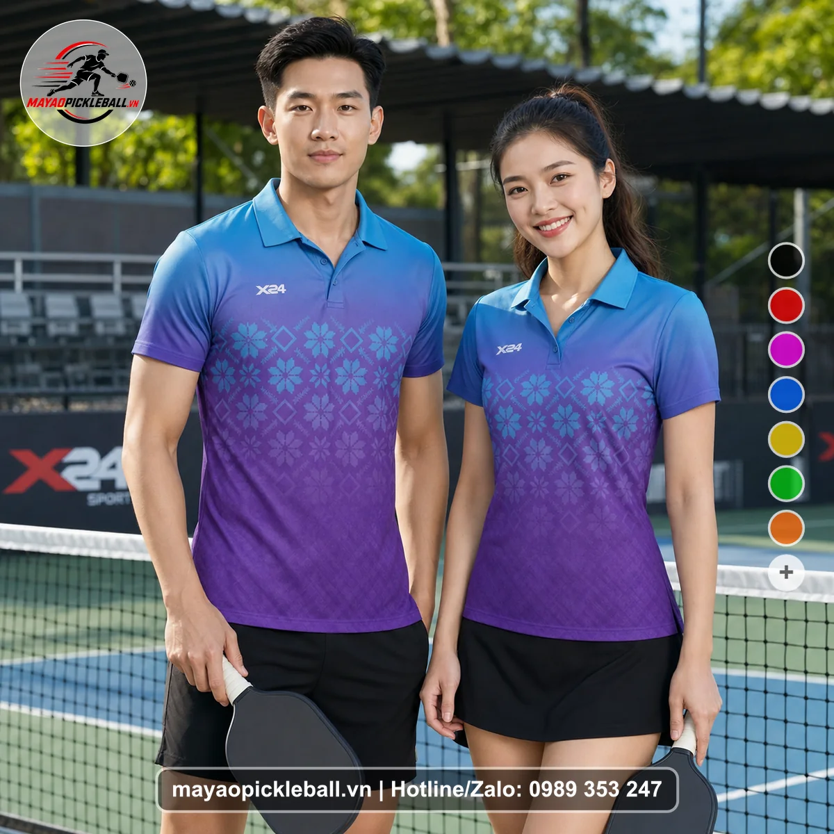 Bộ quần áo pickleball X24-PB-565 xanh, tím áo có tay có cổ