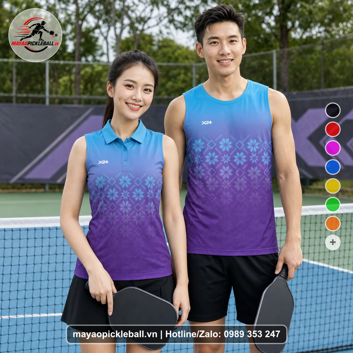 Bộ quần áo pickleball X24-PB-565 xanh, tím biến thể không ống tay