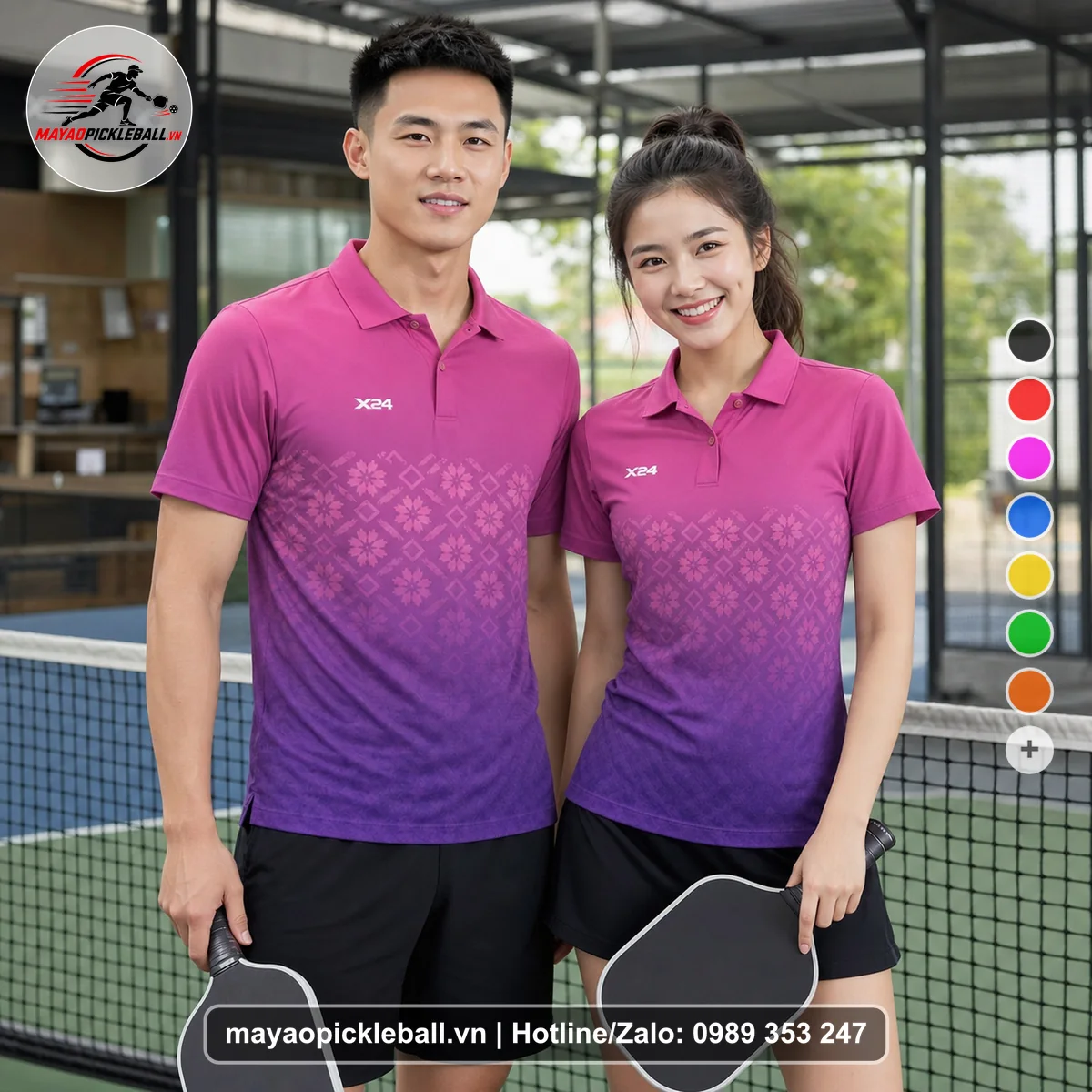 Bộ quần áo pickleball X24-PB-566 hồng, tím áo có tay có cổ