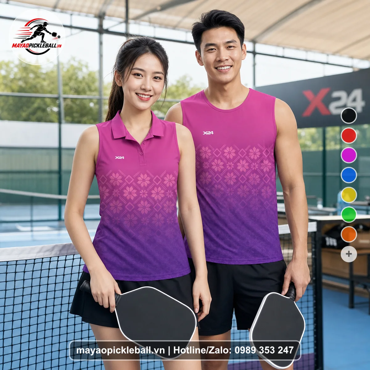 Bộ quần áo pickleball X24-PB-566 hồng, tím biến thể không ống tay