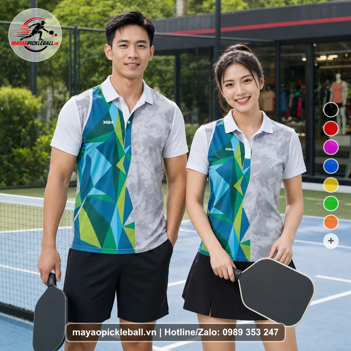 Bộ quần áo pickleball X24-PB-567 xanh, xanh lá, xám áo có tay có cổ