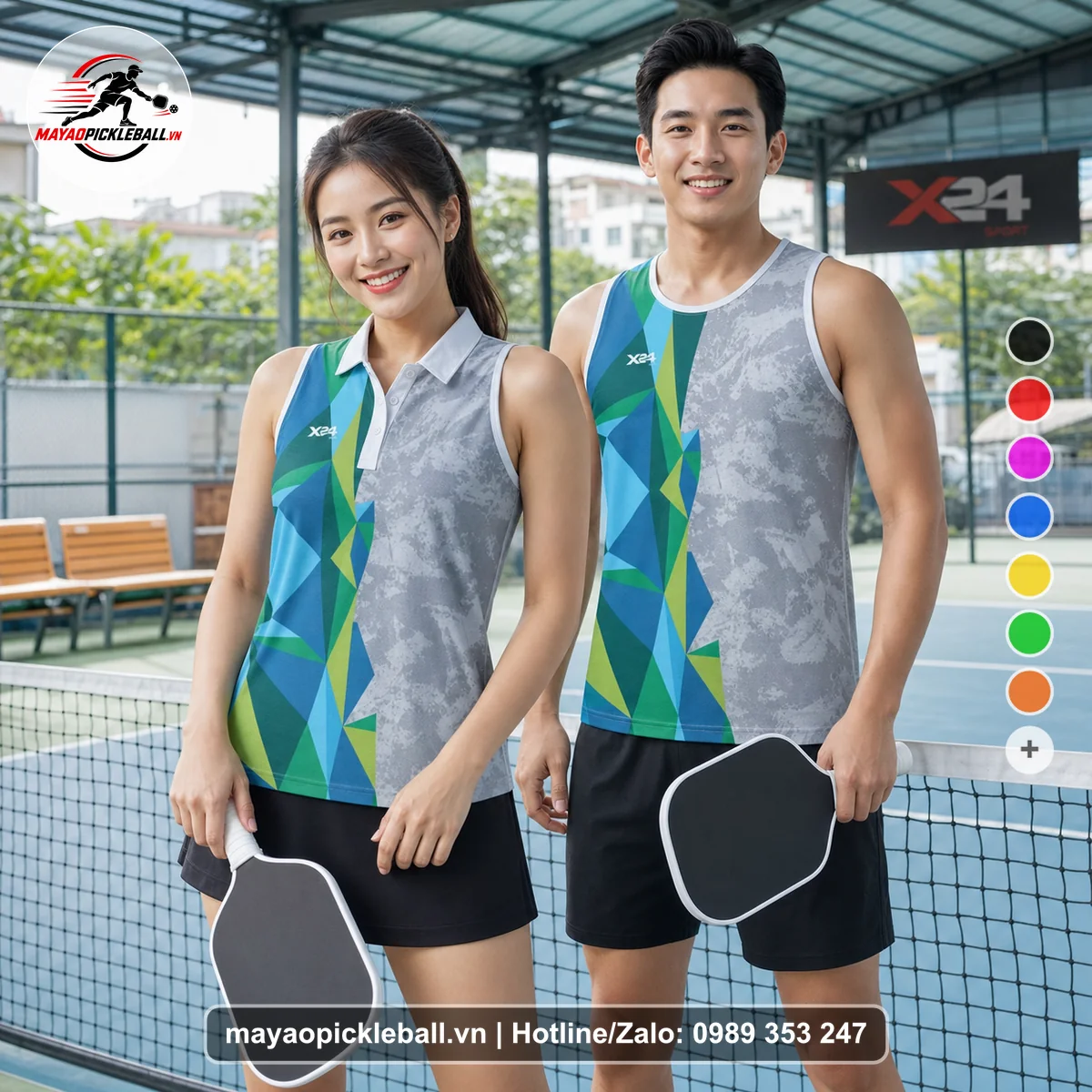Bộ quần áo pickleball X24-PB-567 xanh, xanh lá, xám biến thể không ống tay