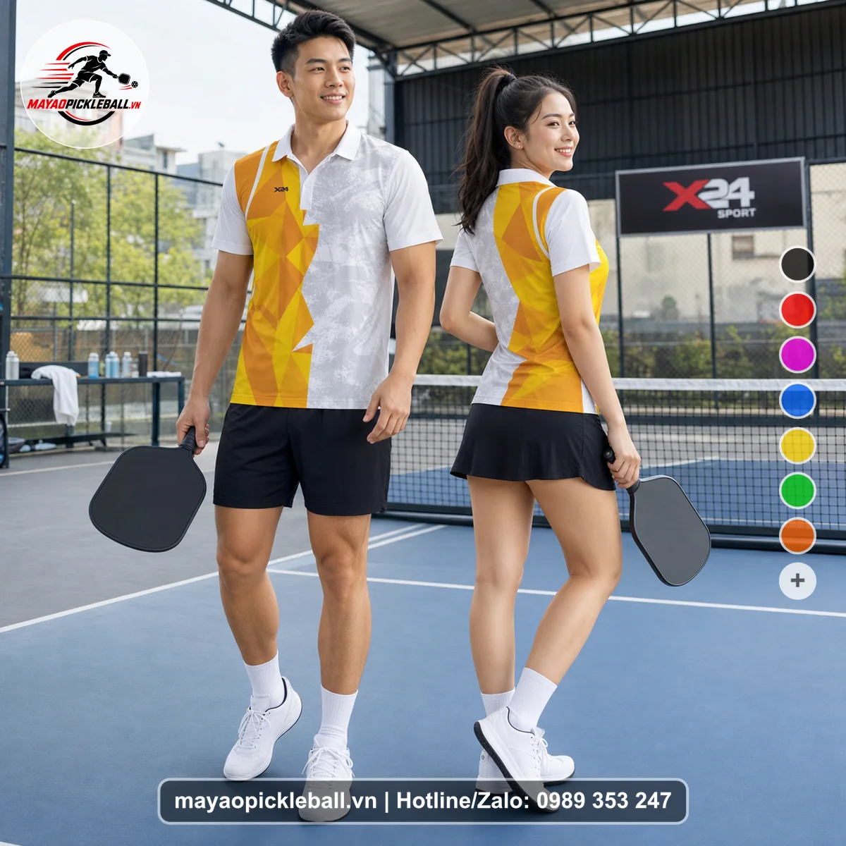 Bộ quần áo pickleball X24-PB-569 vàng, cam, trắng áo có tay có cổ