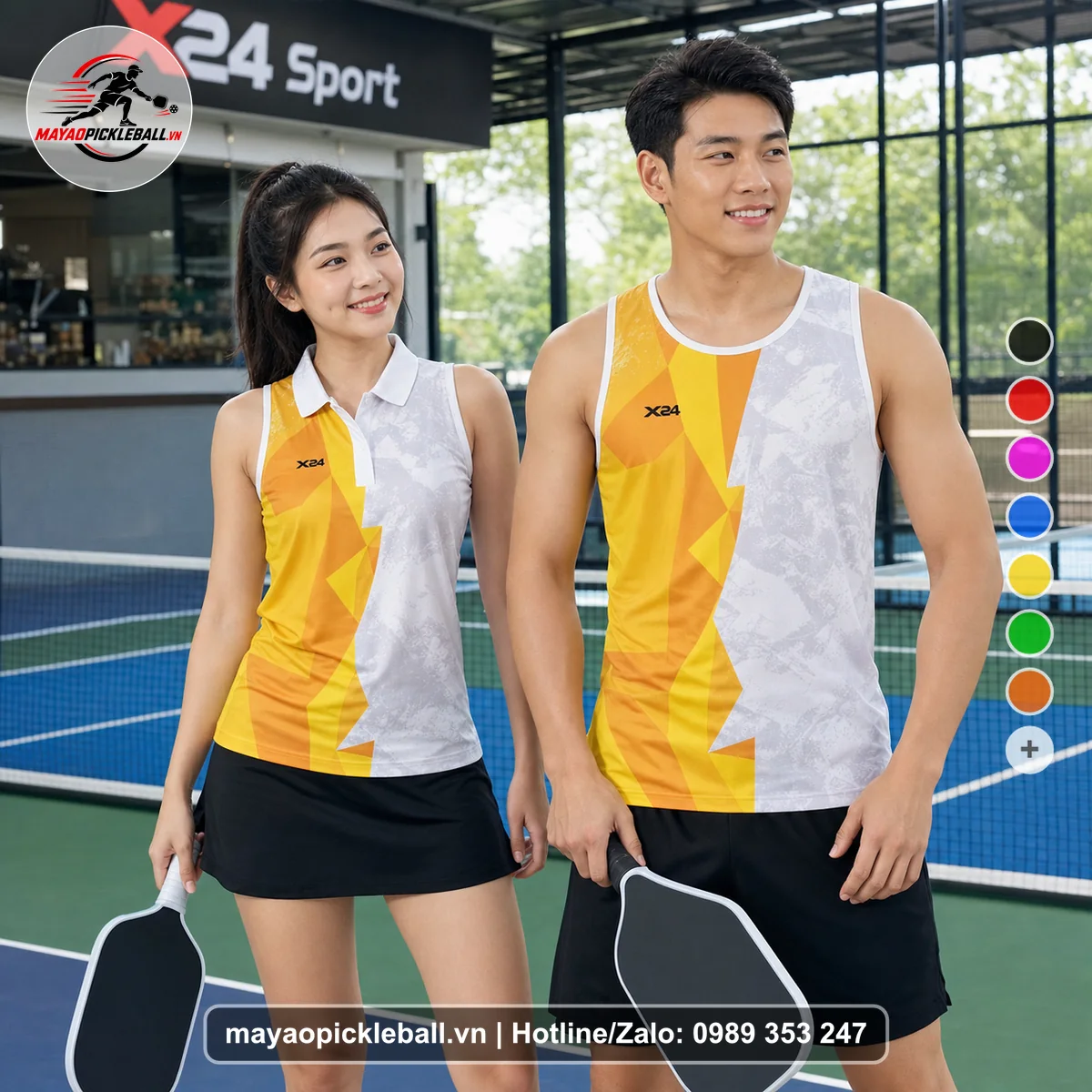 Bộ quần áo pickleball X24-PB-569 vàng, cam, trắng biến thể không ống tay