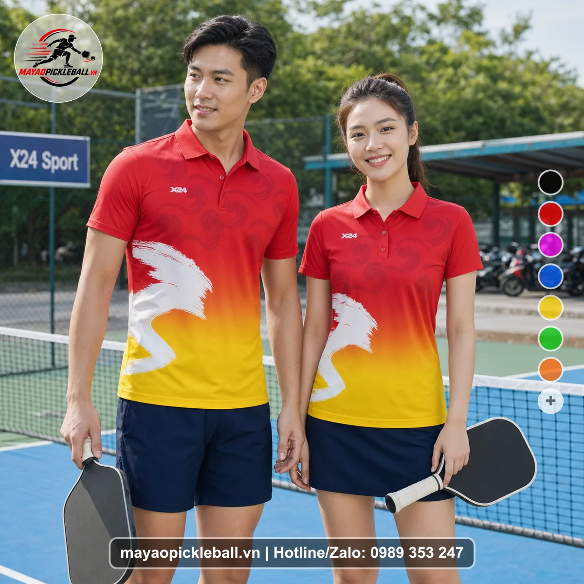 Bộ quần áo pickleball X24-PB-582 đỏ áo có tay có cổ