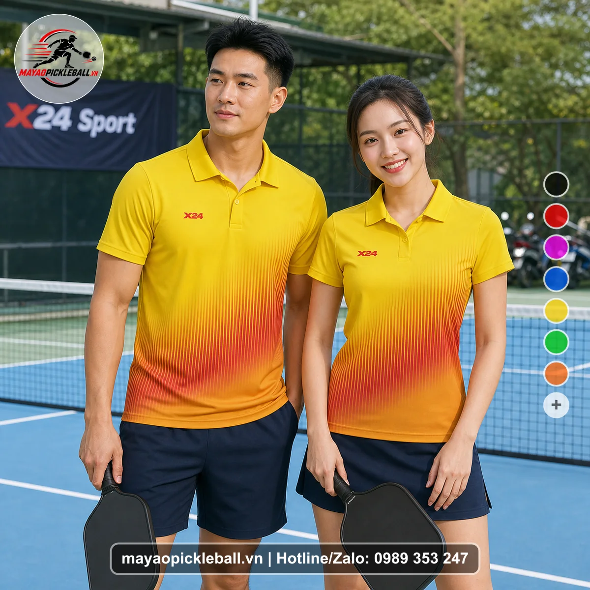 Bộ quần áo pickleball X24-PB-586 đỏ, vàng áo có tay có cổ