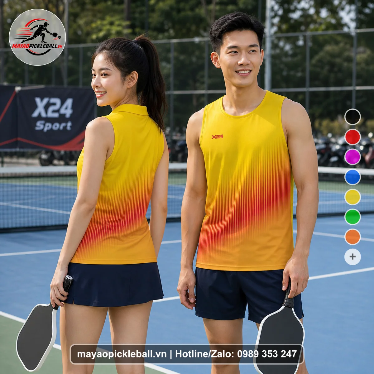 Bộ quần áo pickleball X24-PB-586 đỏ, vàng biến thể không ống tay