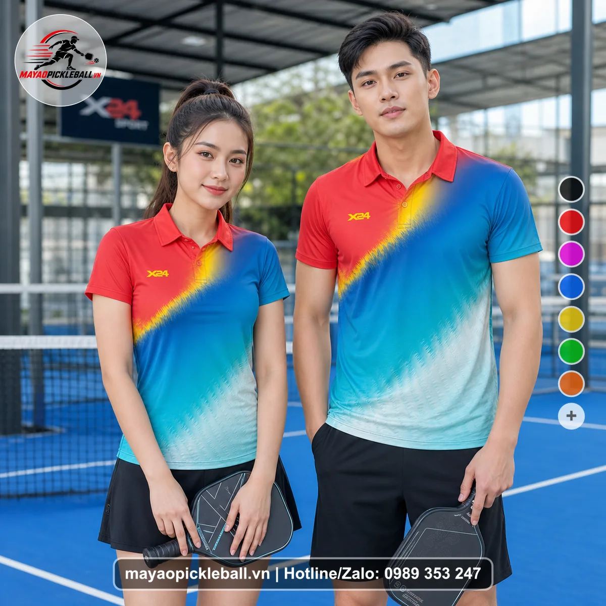 Bộ quần áo pickleball X24-PB-593 hồng áo có tay có cổ