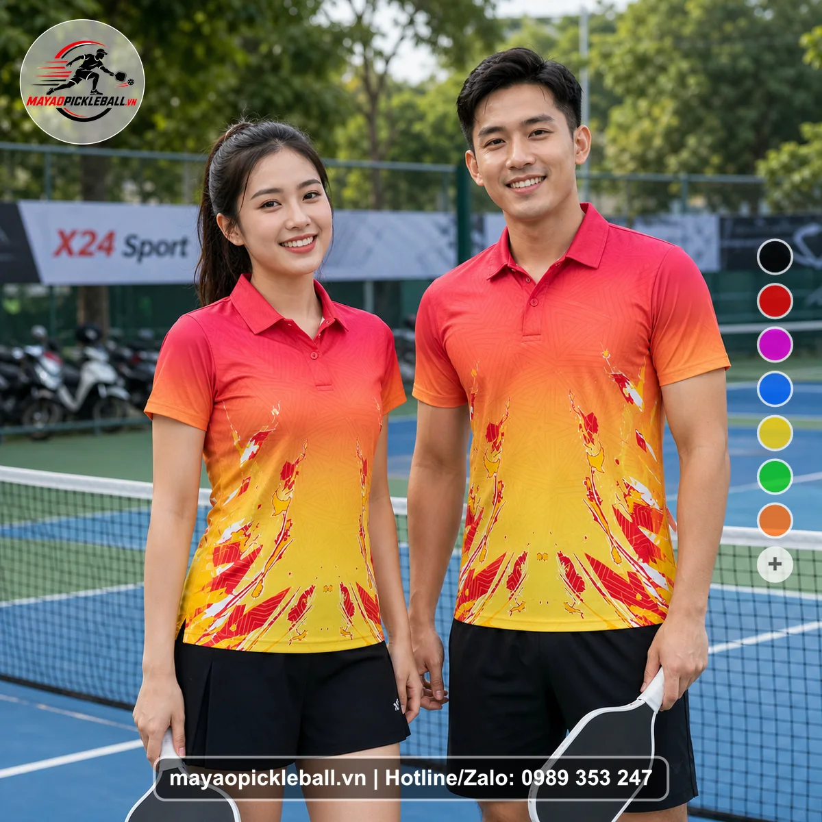 Bộ quần áo pickleball X24-PB-601 hồng, đỏ áo có tay có cổ