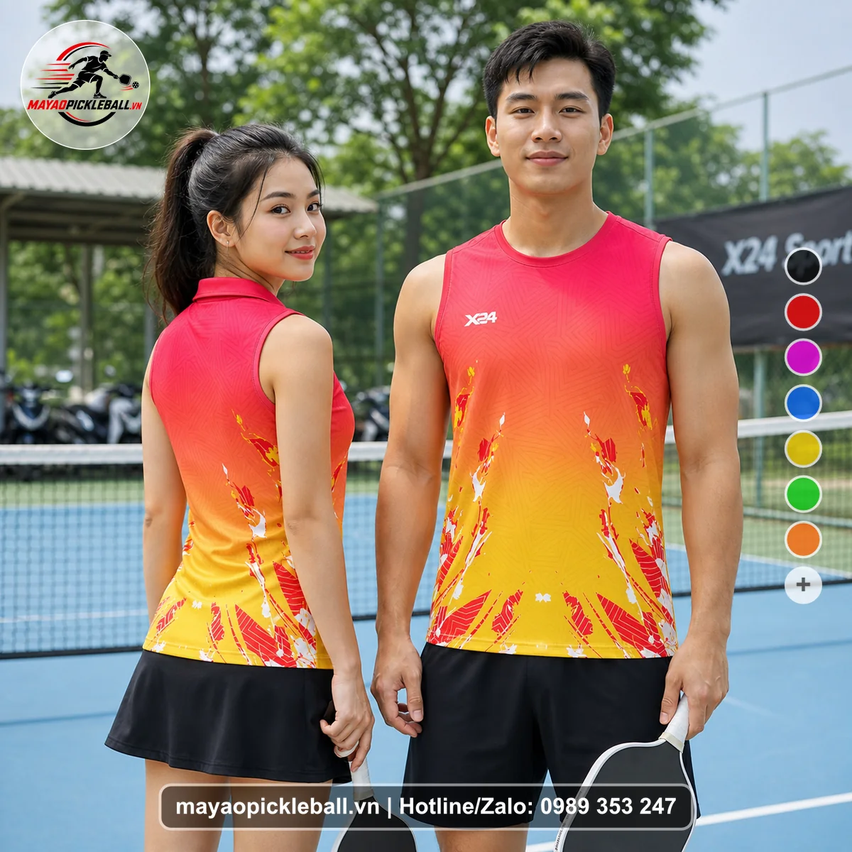 Bộ quần áo pickleball X24-PB-601 hồng, đỏ biến thể không ống tay