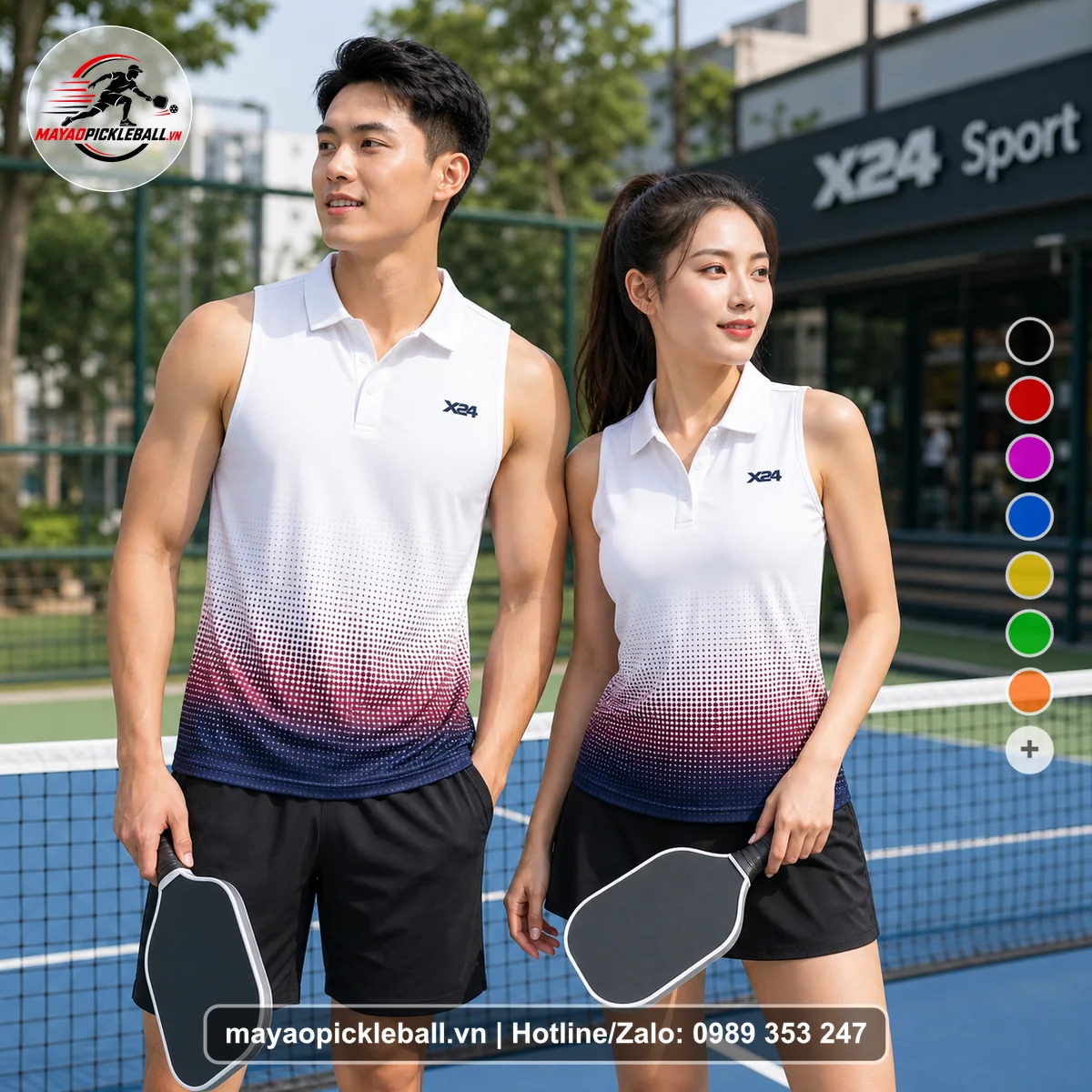 Bộ quần áo pickleball X24-PB-043 trắng, đỏ, xanh đậm áo không tay có cổ