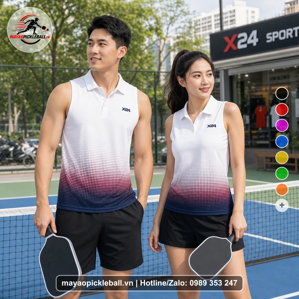 Bộ quần áo pickleball X24-PB-043 trắng, đỏ, xanh đậm cùng mẫu áo không tay có cổ