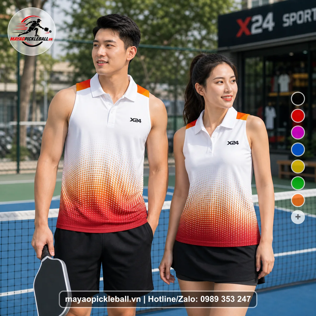 Bộ quần áo pickleball X24-PB-044 trắng, cam, đỏ áo không tay có cổ