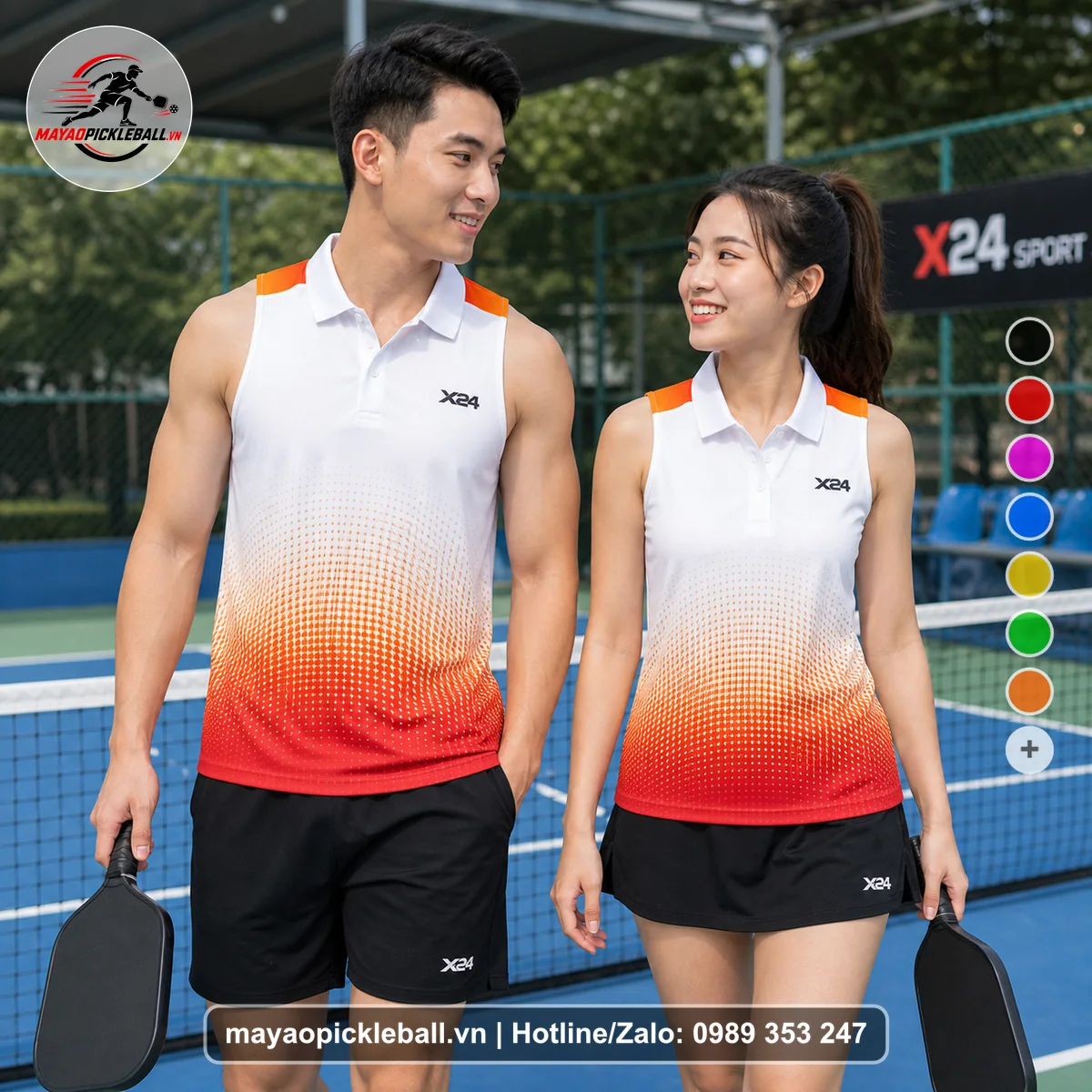 Bộ quần áo pickleball X24-PB-044 trắng, cam, đỏ cùng mẫu áo không tay có cổ