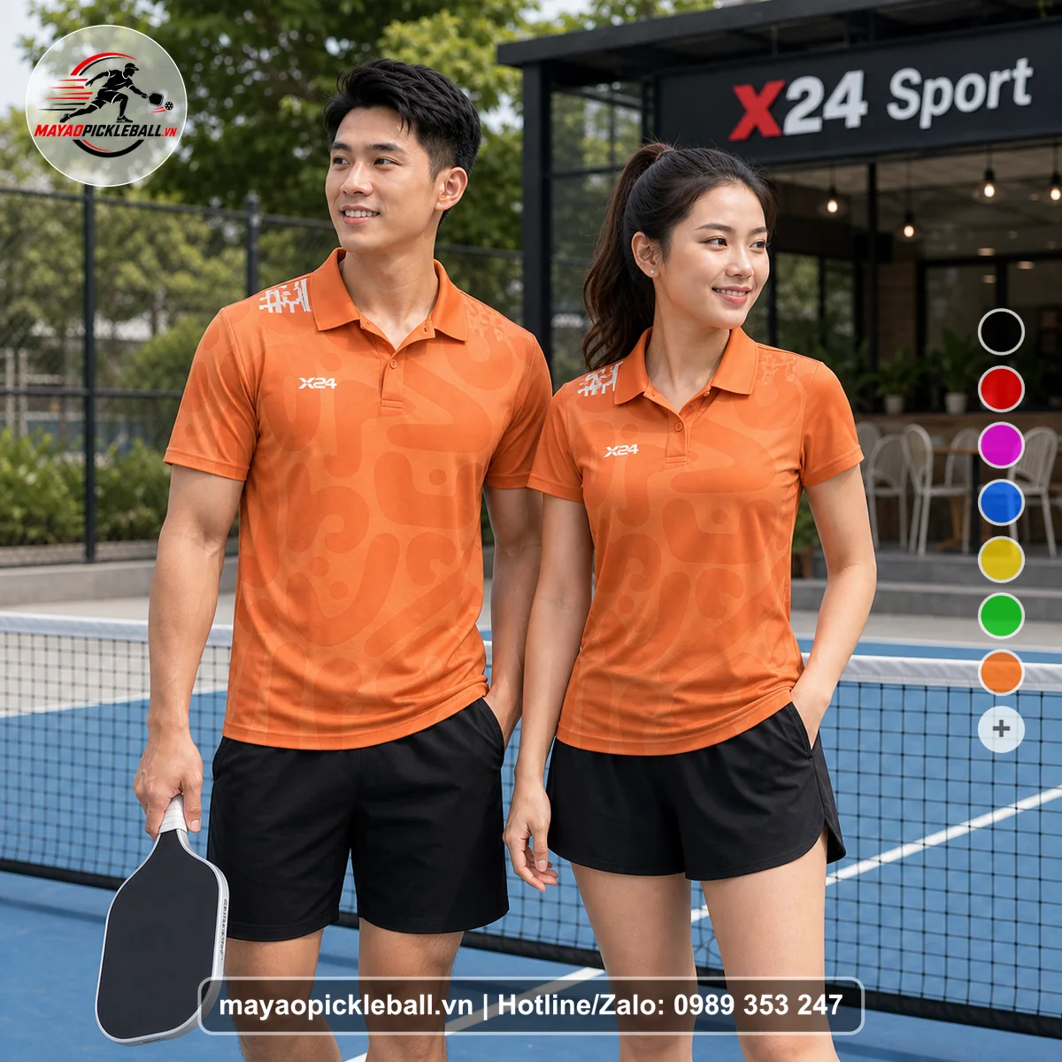 Bộ quần áo pickleball X24-PB-045 cam áo có tay có cổ