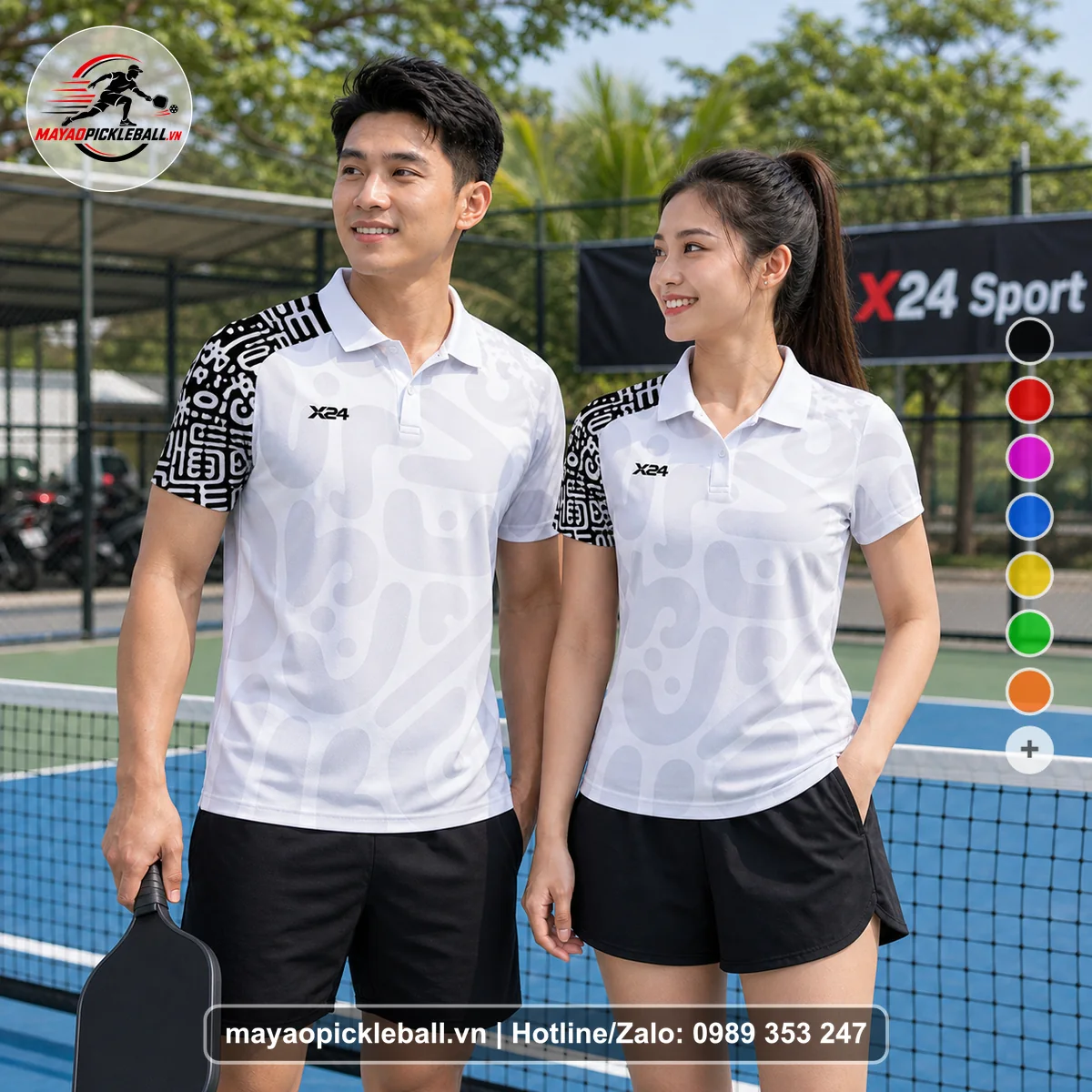 Bộ quần áo pickleball X24-PB-046 trắng áo có tay có cổ