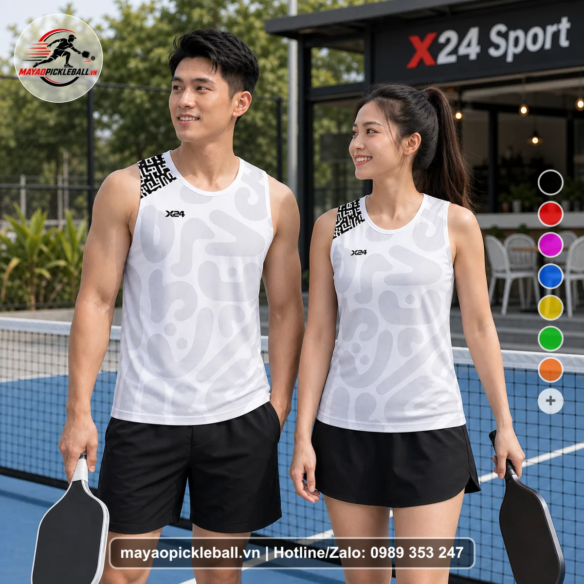 Bộ quần áo pickleball X24-PB-046 trắng biến thể không ống tay