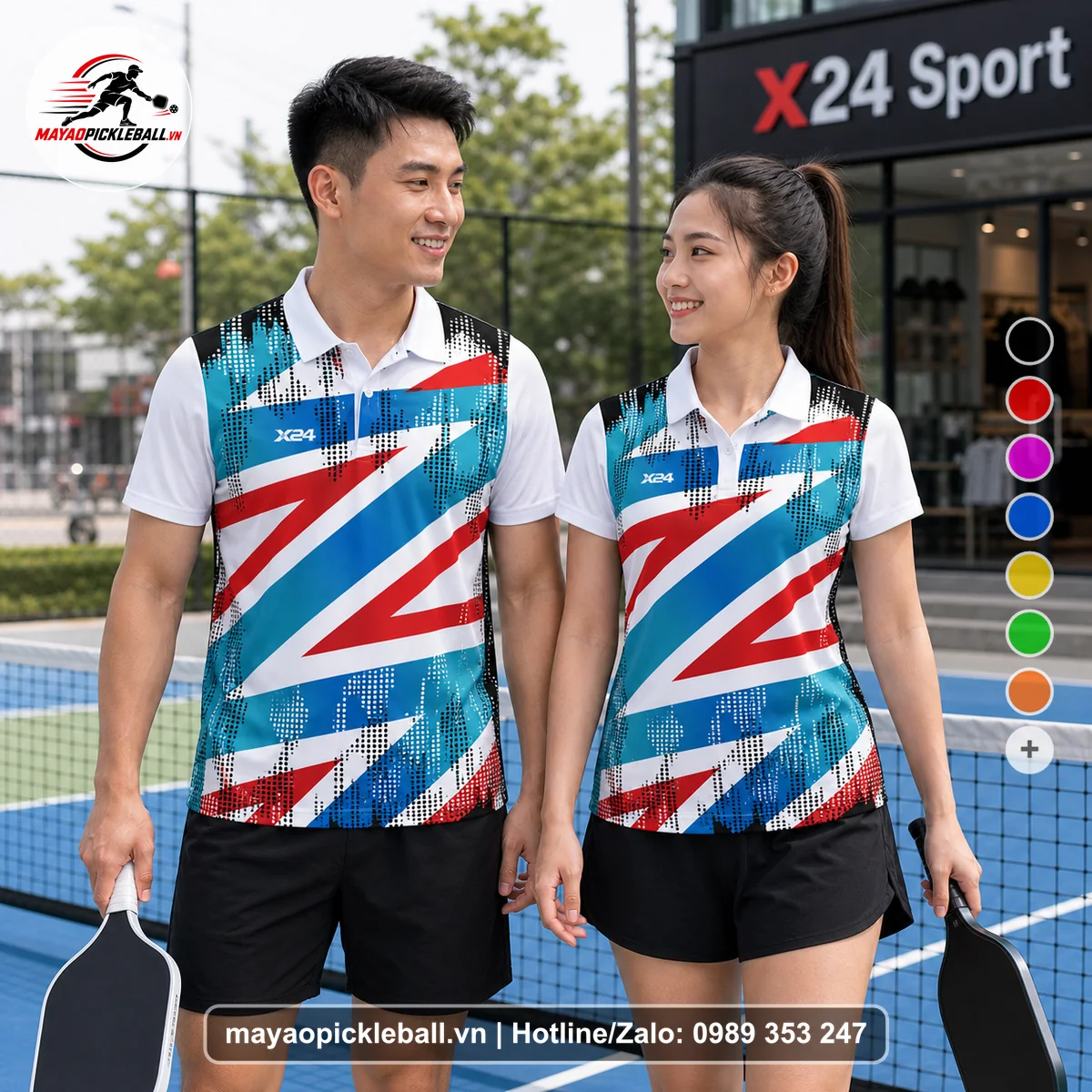 Bộ quần áo pickleball X24-PB-050 trắng, xanh áo có tay có cổ