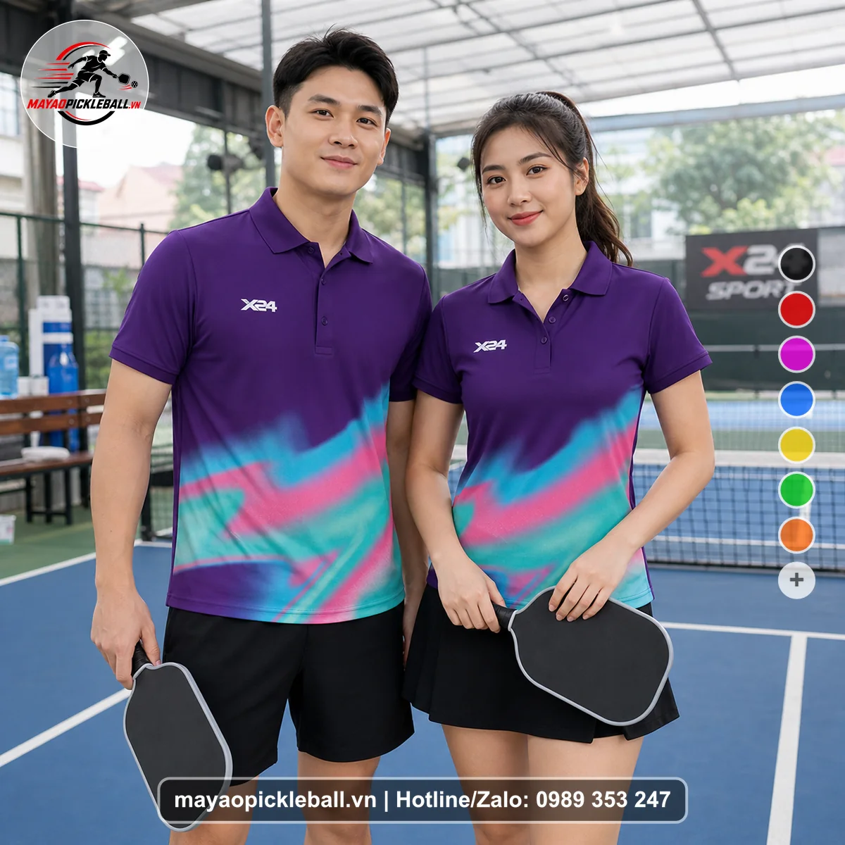 Bộ quần áo pickleball X24-PB-049 tím, cyan, hồng áo có tay có cổ