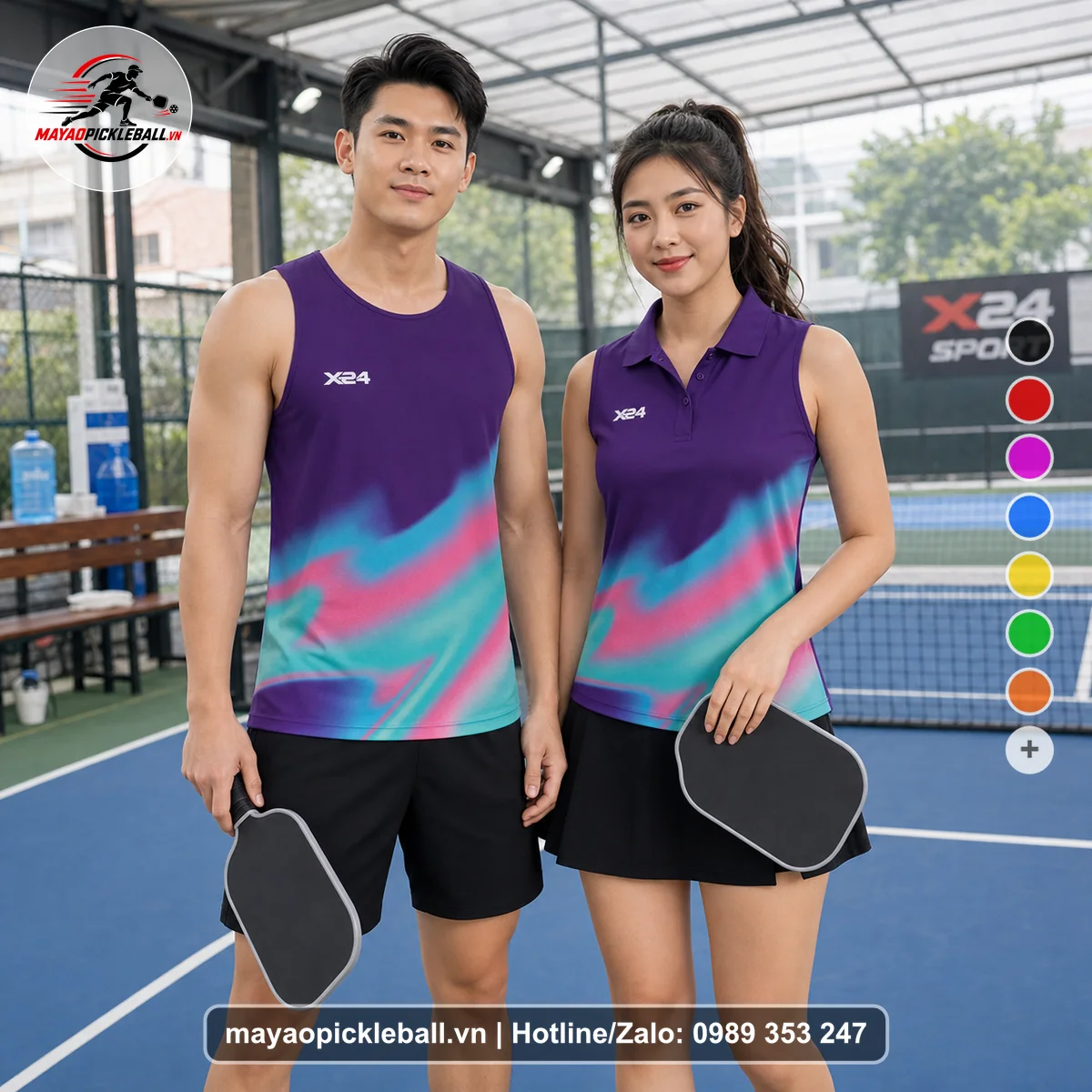 Bộ quần áo pickleball X24-PB-049 tím, cyan, hồng biến thể không ống tay