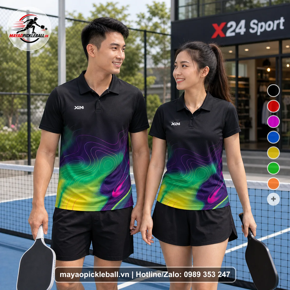 Bộ quần áo pickleball X24-PB-052 đen áo có tay có cổ