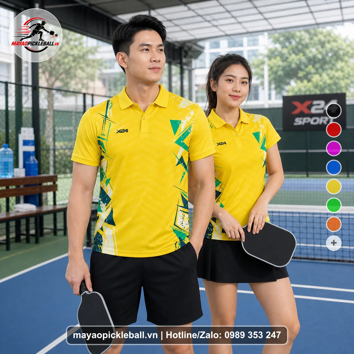 Bộ quần áo pickleball X24-PB-051 vàng, xanh lá, xanh đậm áo có tay có cổ