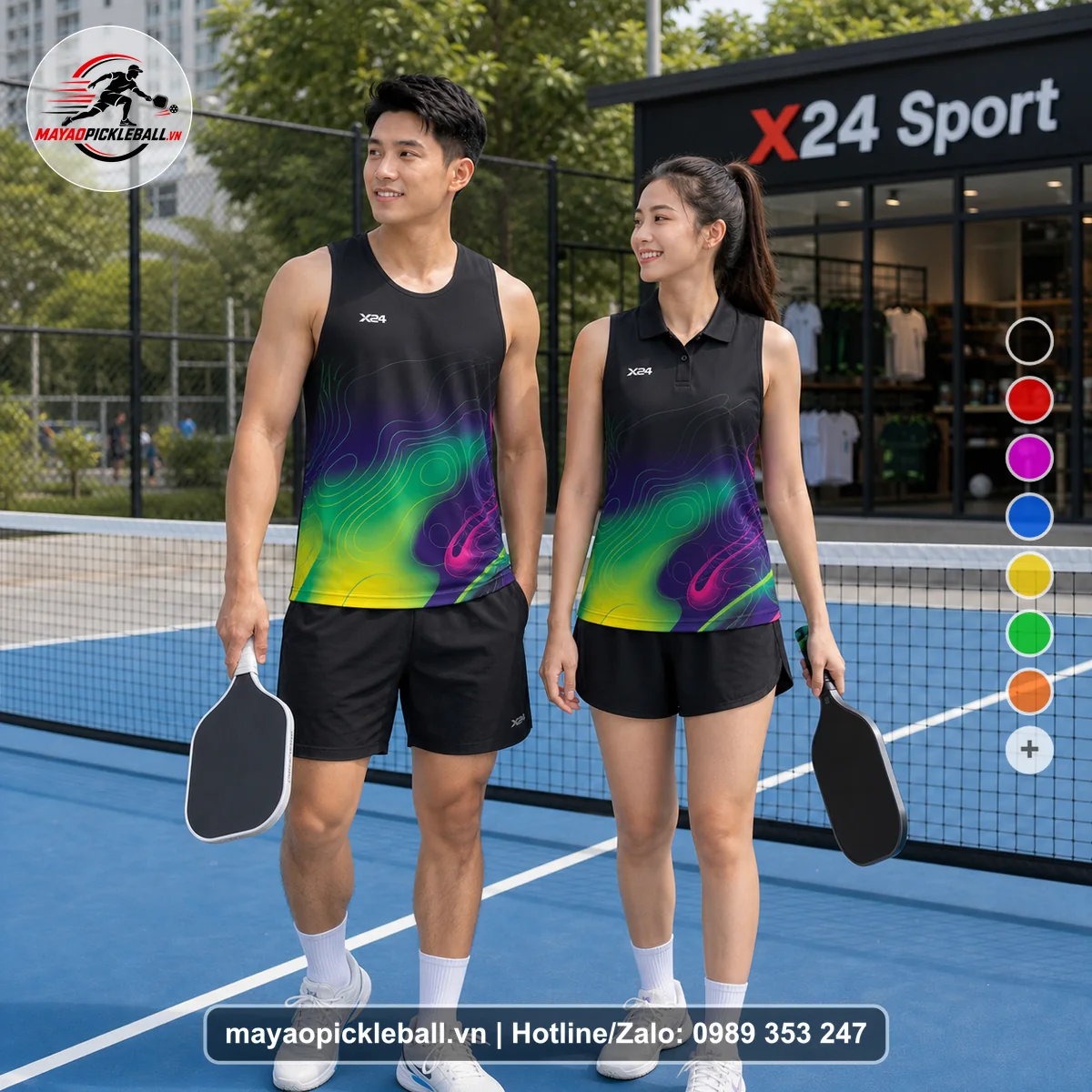 Bộ quần áo pickleball X24-PB-052 đen biến thể không ống tay