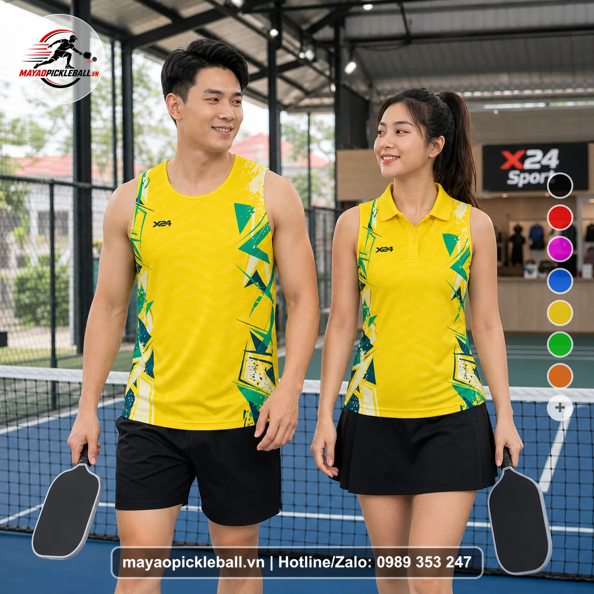 Bộ quần áo pickleball X24-PB-051 vàng, xanh lá, xanh đậm biến thể không ống tay