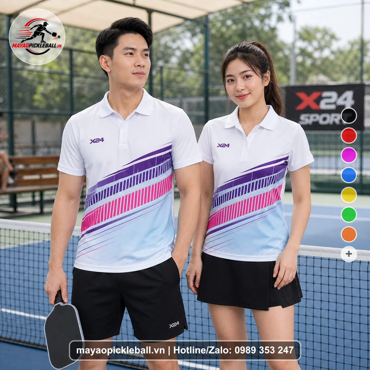 Bộ quần áo pickleball X24-PB-053 trắng, xanh nhạt, tím áo có tay có cổ