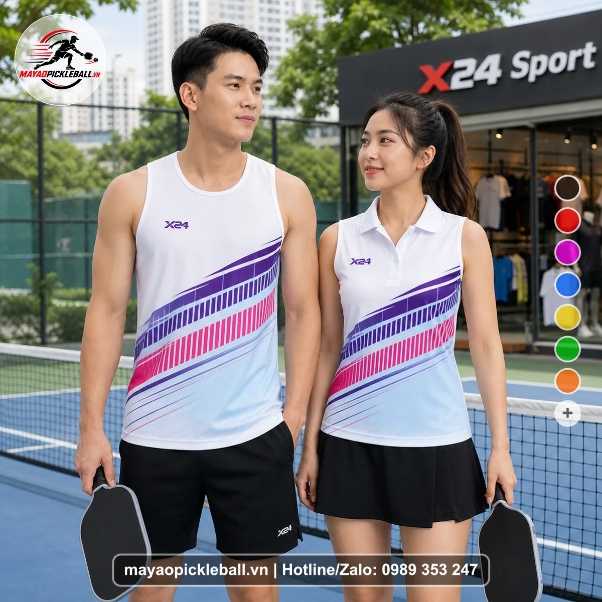 Bộ quần áo pickleball X24-PB-053 trắng, xanh nhạt, tím biến thể không ống tay