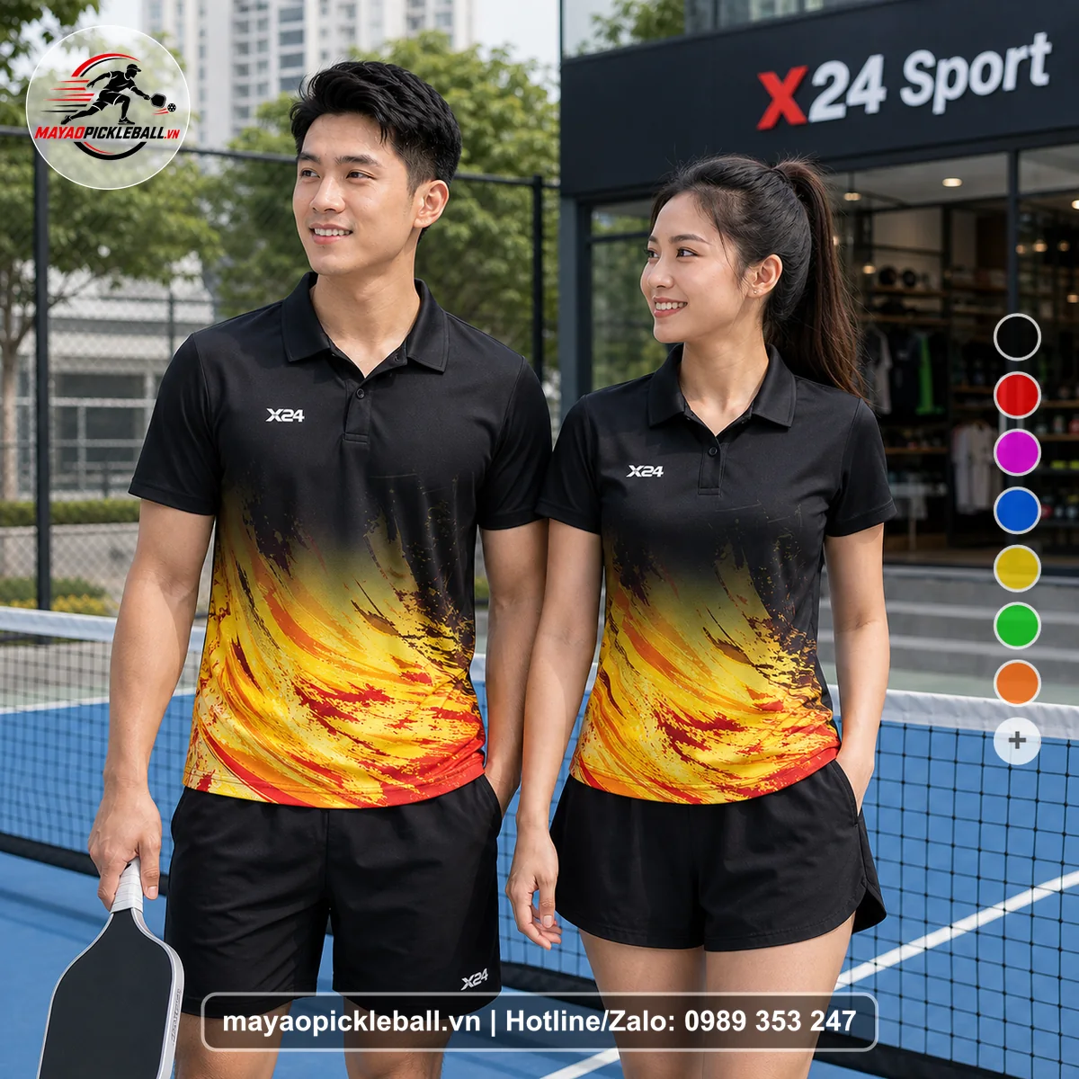 Bộ quần áo pickleball X24-PB-055 đen áo có tay có cổ