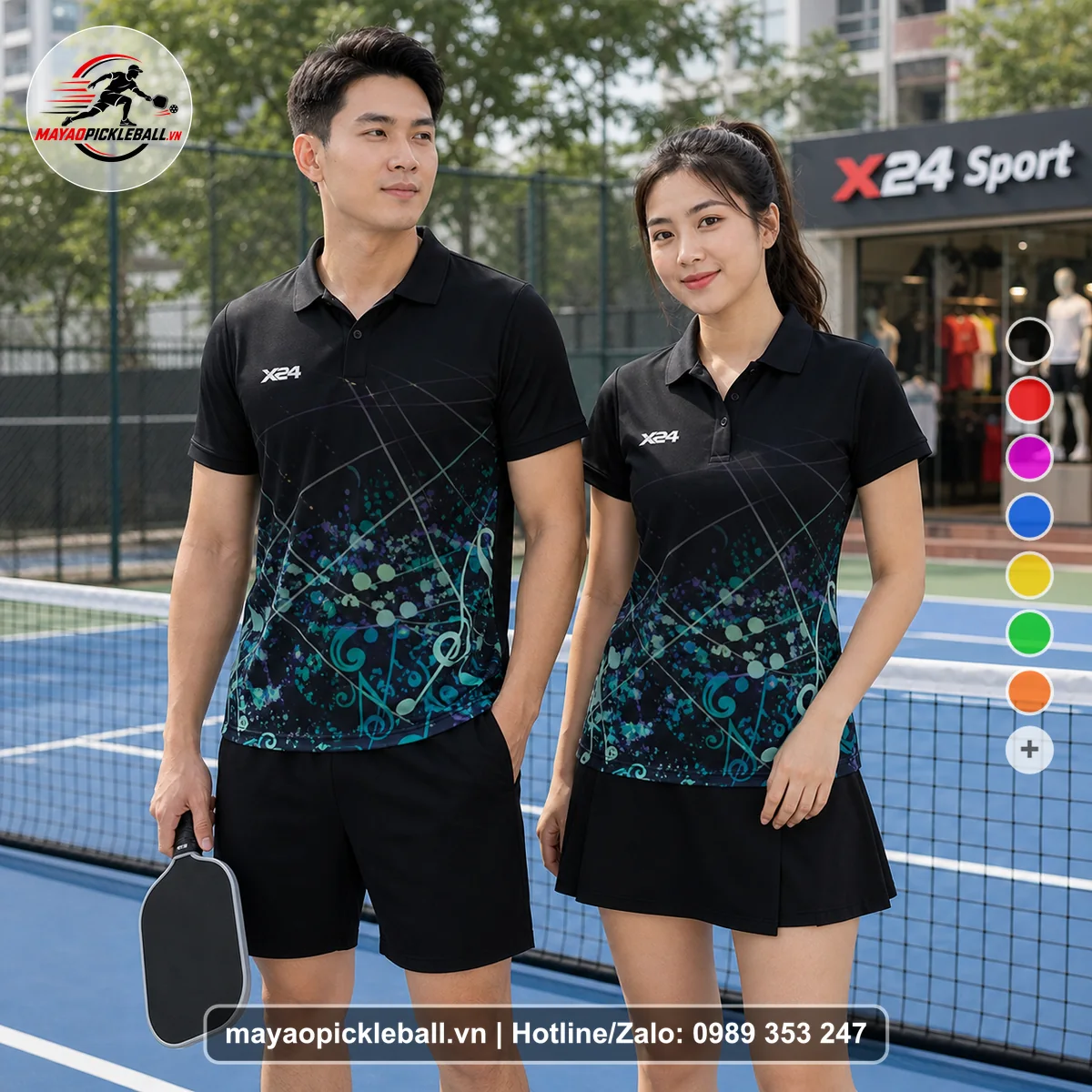 Bộ quần áo pickleball X24-PB-054 đen, xanh ngọc, tím áo có tay có cổ