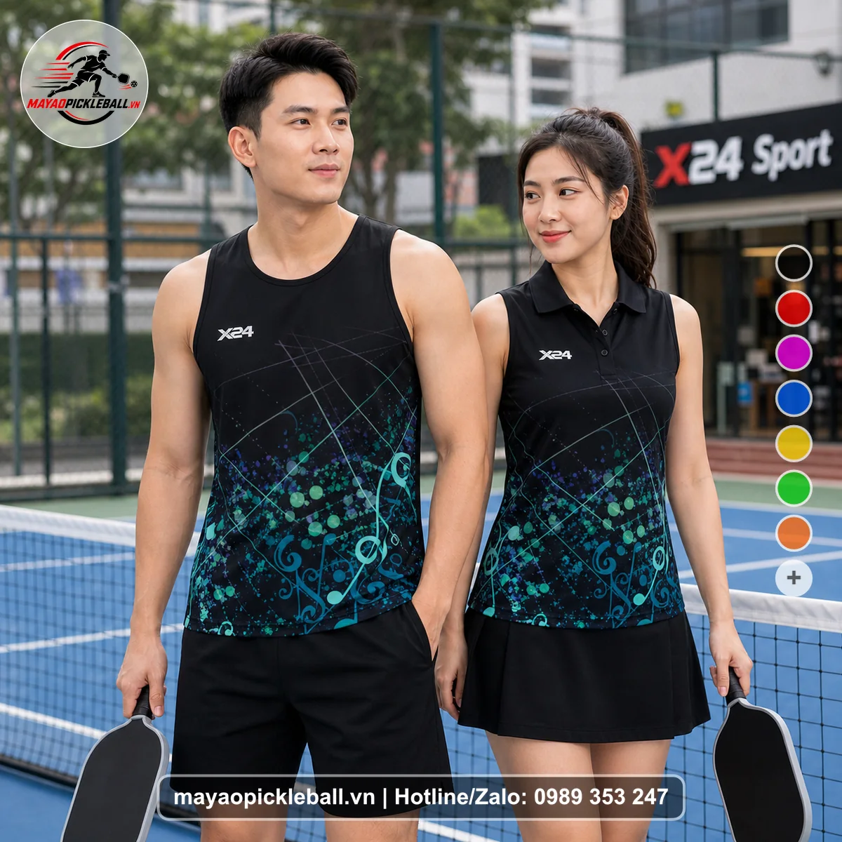 Bộ quần áo pickleball X24-PB-054 đen, xanh ngọc, tím biến thể không ống tay