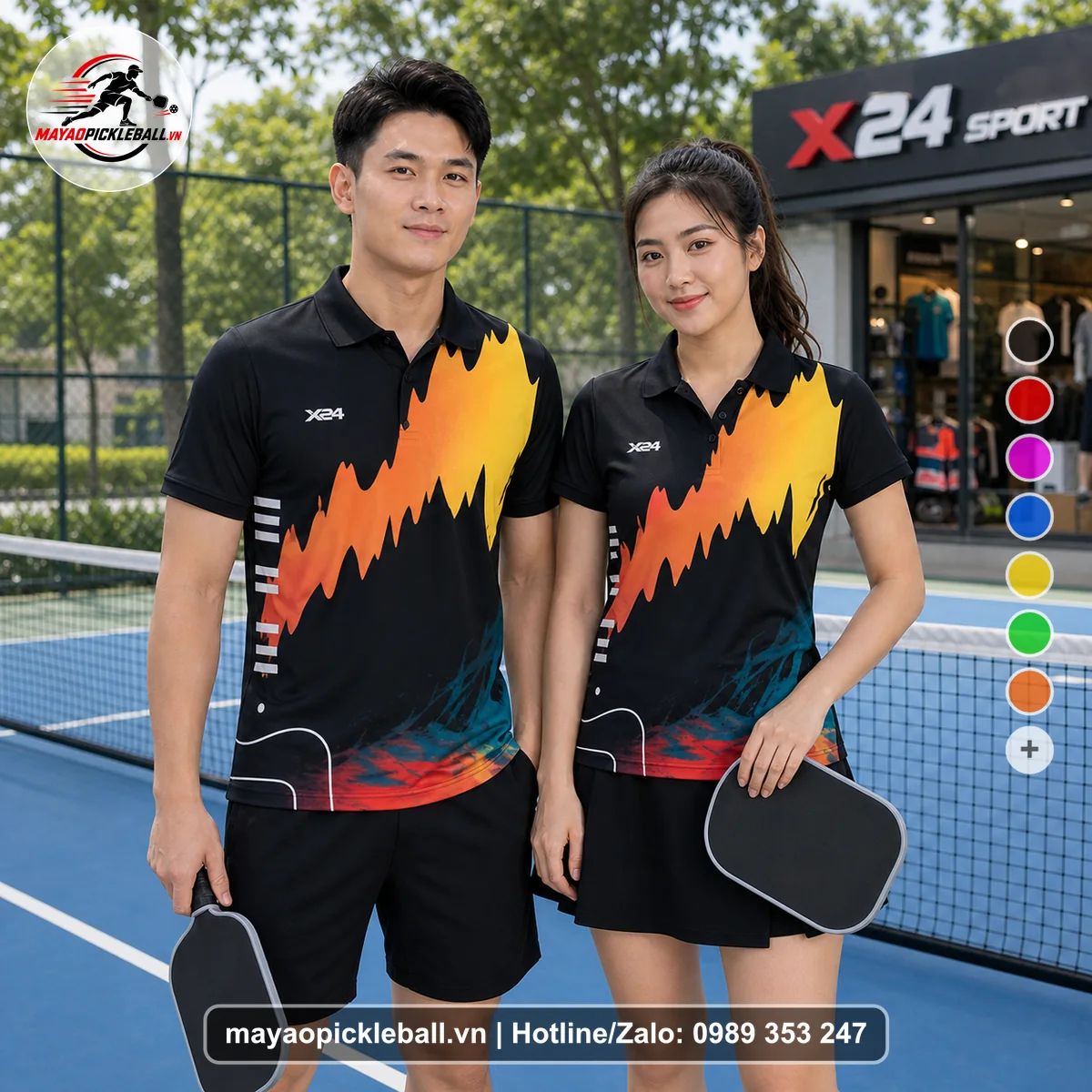 Bộ quần áo pickleball X24-PB-056 đen, vàng, cam áo có tay có cổ