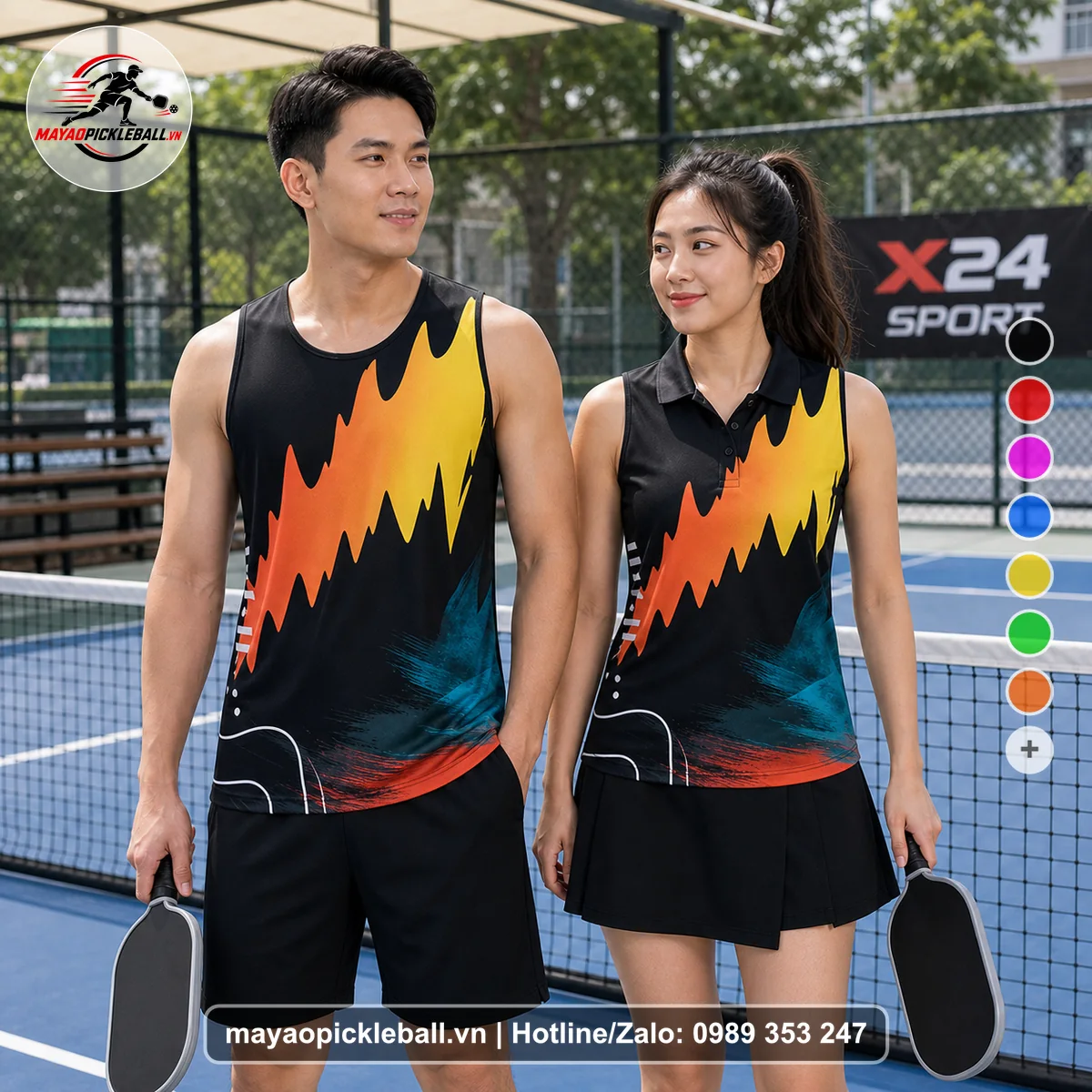Bộ quần áo pickleball X24-PB-056 đen, vàng, cam biến thể không ống tay