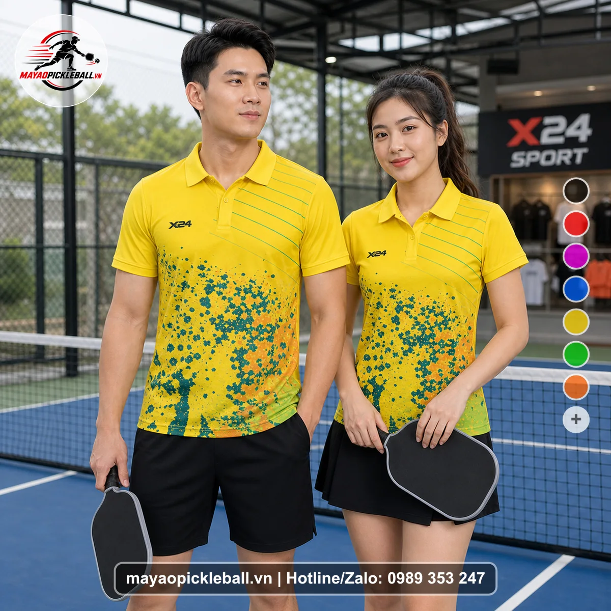 Bộ quần áo pickleball X24-PB-058 vàng, xanh teal, cam áo có tay có cổ