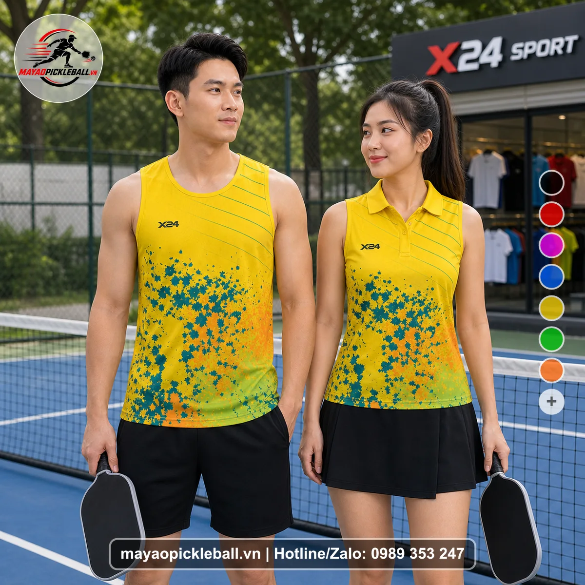 Bộ quần áo pickleball X24-PB-058 vàng, xanh teal, cam biến thể không ống tay