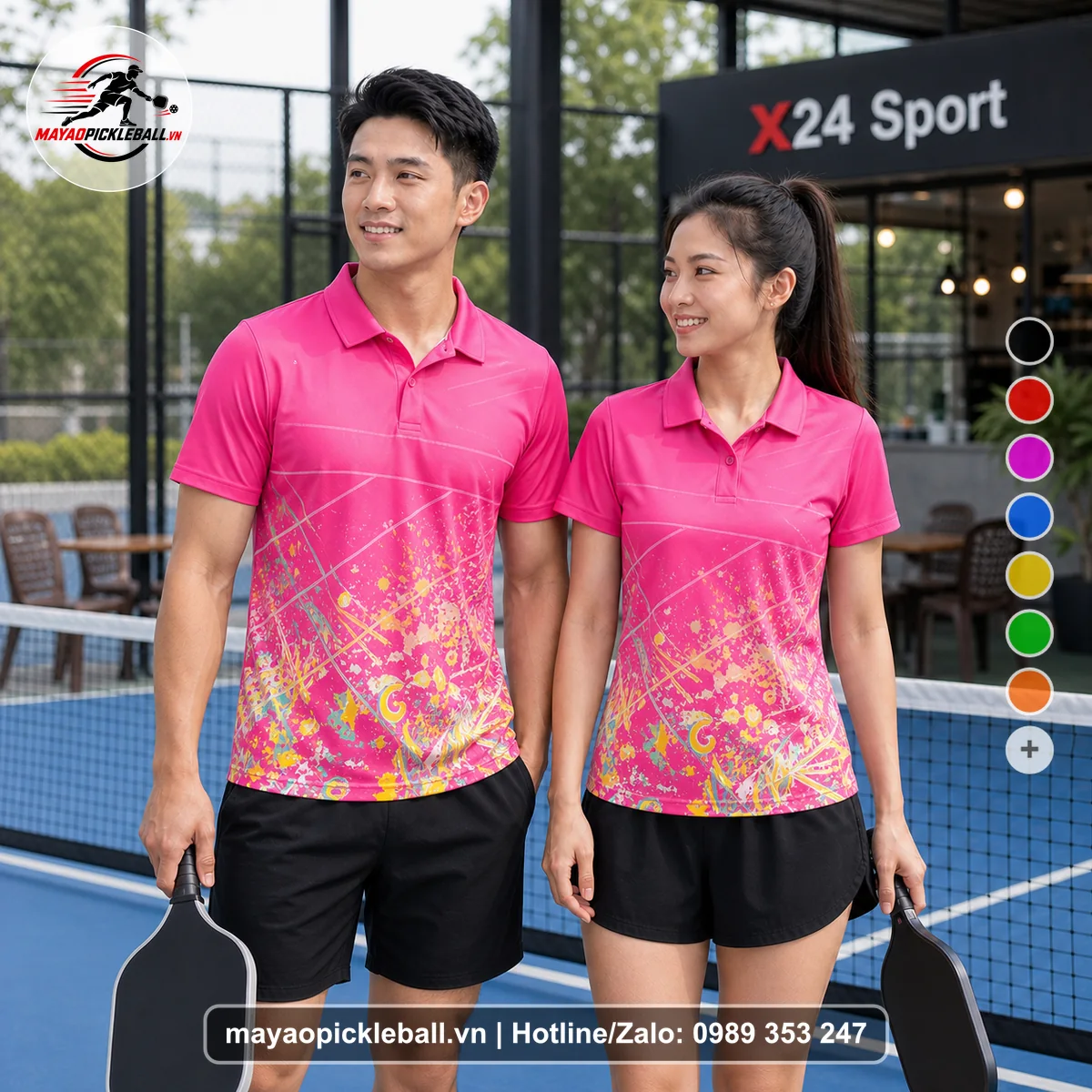 Bộ quần áo pickleball X24-PB-060 hồng áo có tay có cổ