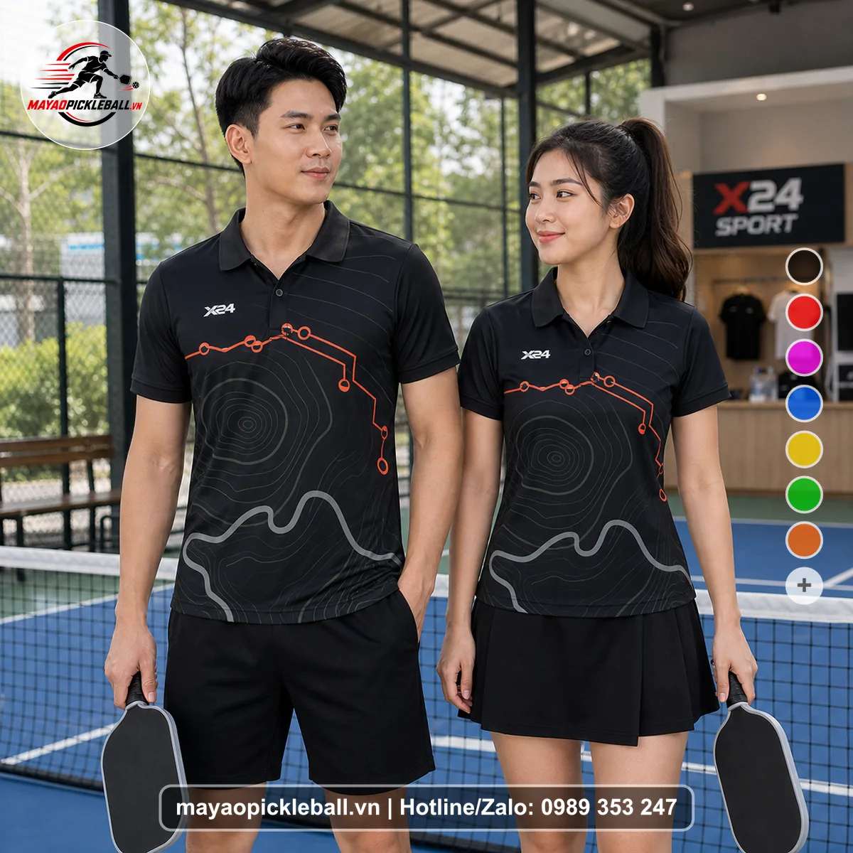 Bộ quần áo pickleball X24-PB-059 đen, đỏ cam, xám áo có tay có cổ