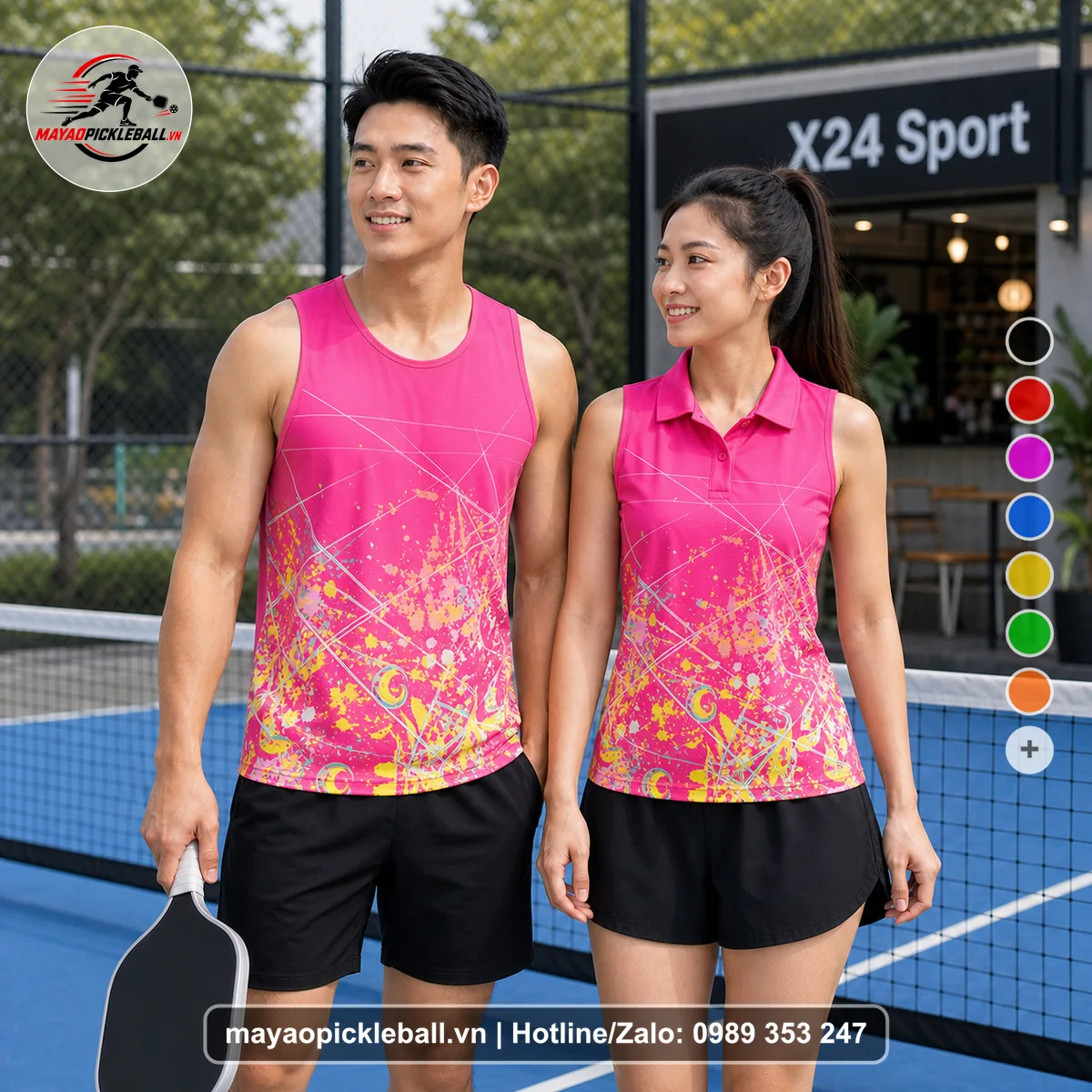 Bộ quần áo pickleball X24-PB-060 hồng biến thể không ống tay