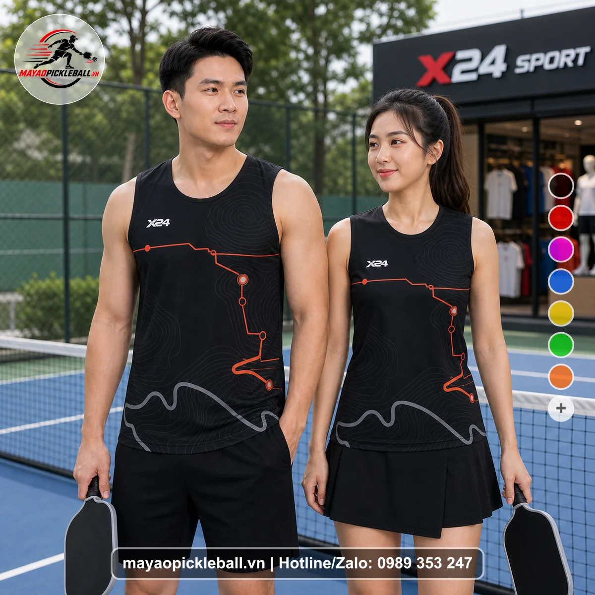 Bộ quần áo pickleball X24-PB-059 đen, đỏ cam, xám biến thể không ống tay