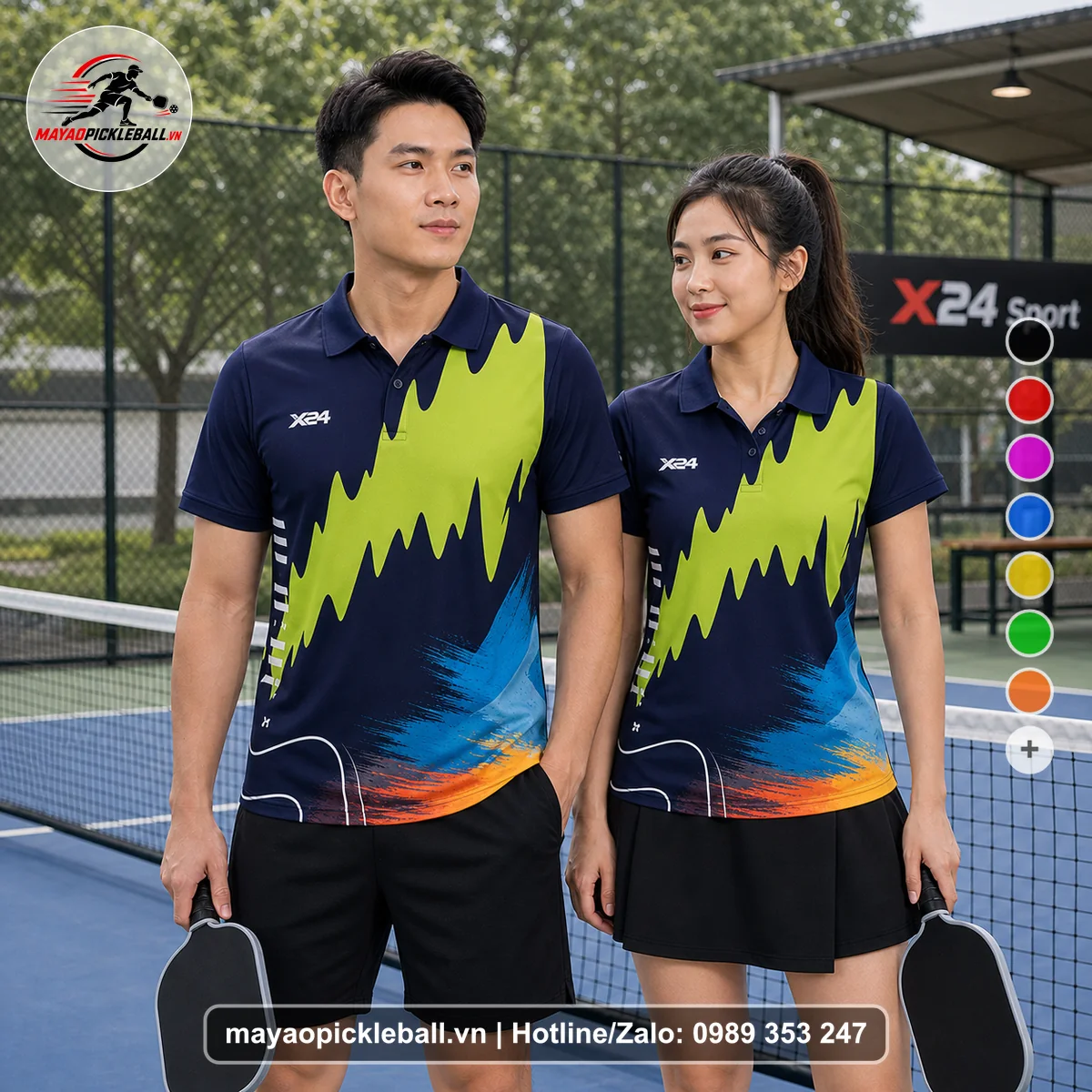 Bộ quần áo pickleball X24-PB-062 tím, tím than, xanh lime áo có tay có cổ