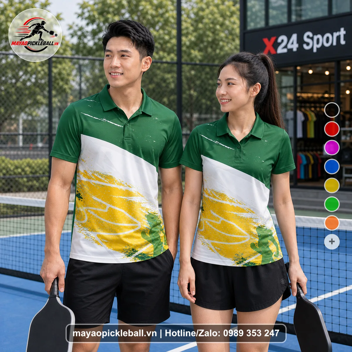 Bộ quần áo pickleball X24-PB-063 xanh áo có tay có cổ