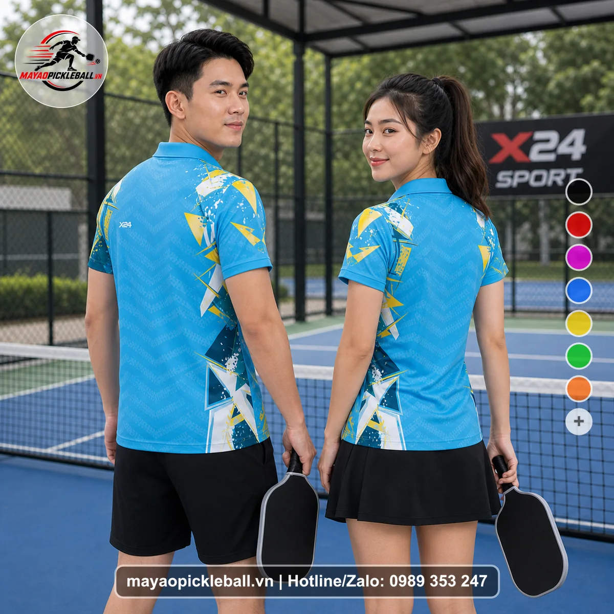 Bộ quần áo pickleball X24-PB-065 xanh, xanh cyan, vàng áo có tay có cổ