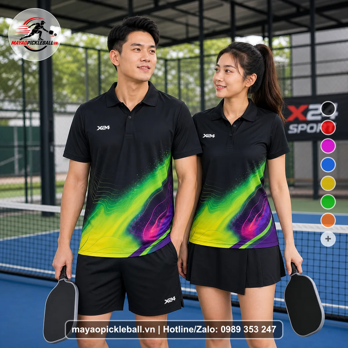 Bộ quần áo pickleball X24-PB-067 đen, xanh neon, vàng áo có tay có cổ
