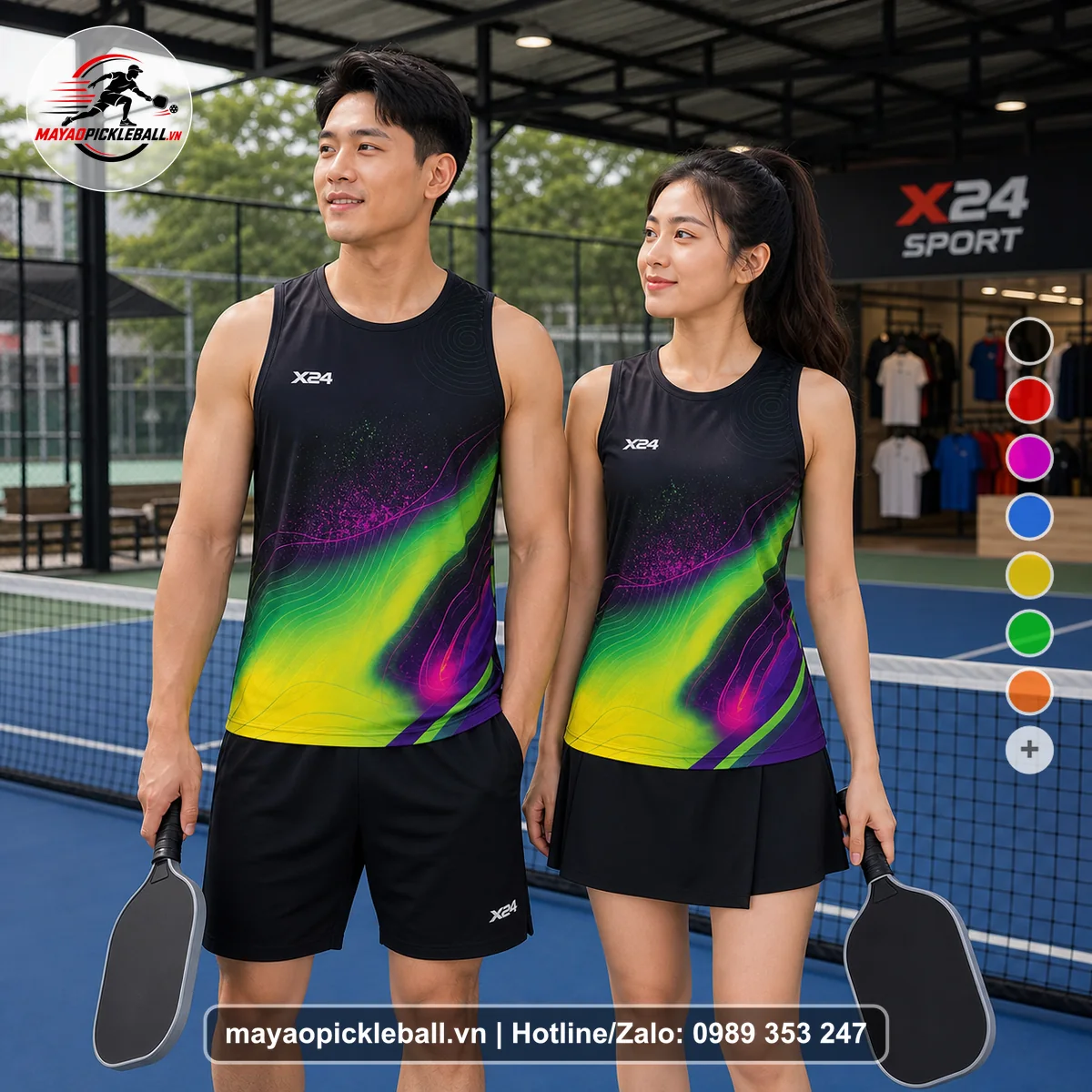 Bộ quần áo pickleball X24-PB-067 đen, xanh neon, vàng biến thể không ống tay
