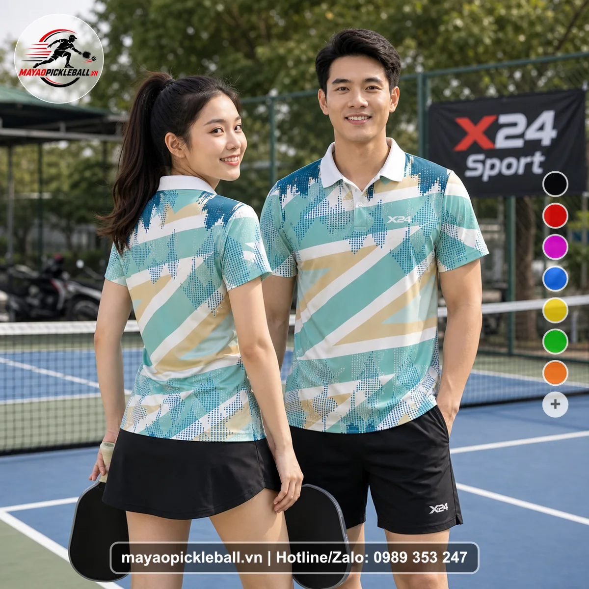 Bộ quần áo pickleball X24-PB-078 xanh ngọc, xanh, trắng áo có tay có cổ